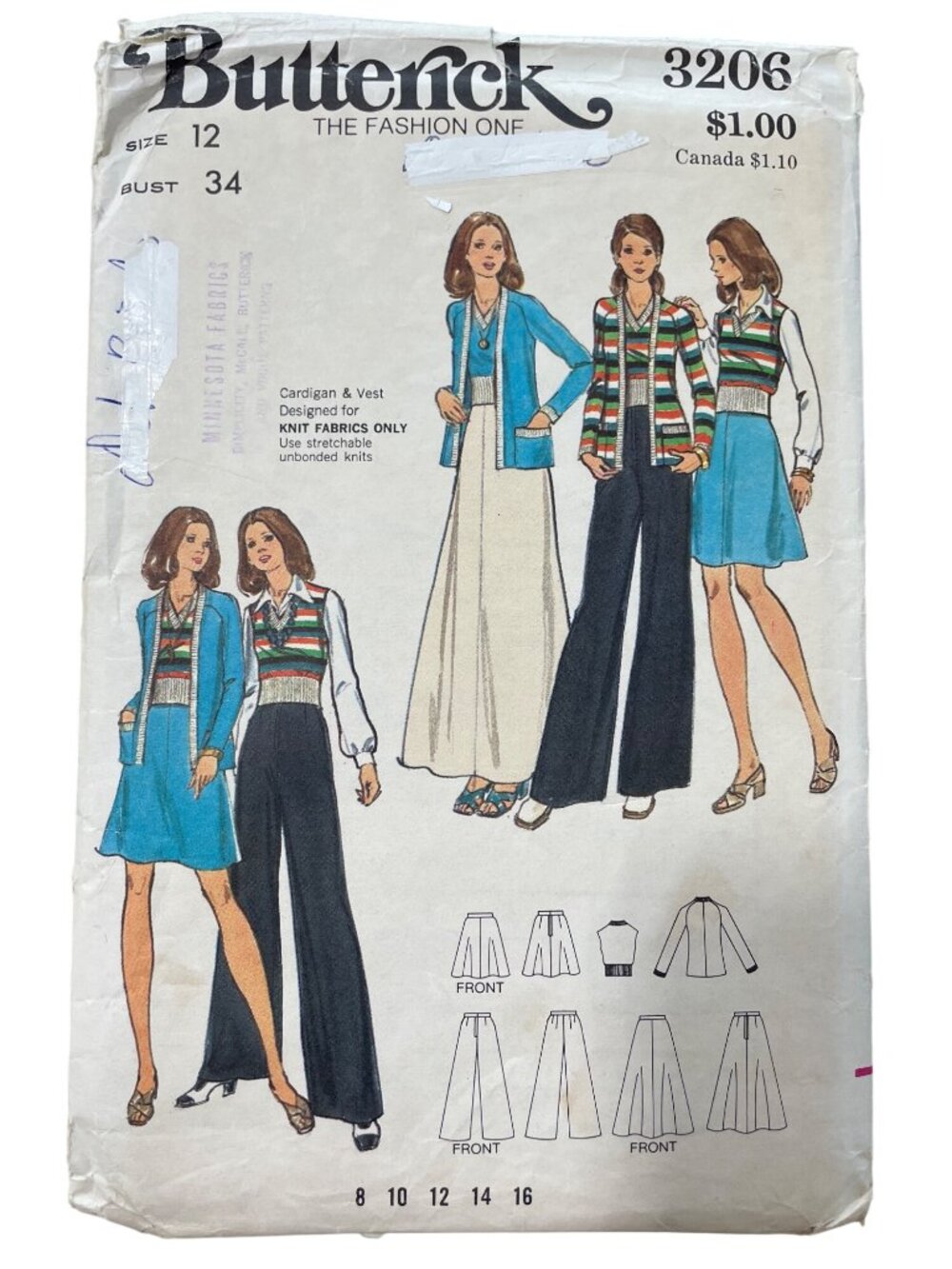 Vintage 70s Butterick 3206 Sewing Pattern Size 12 Cardigan Vest Skirt Pants CUT